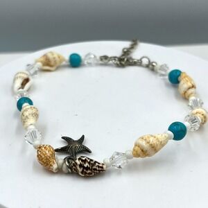 Vintage Seashell & Turquoise Beads Bracelet Starfish Charm Coastal Beach Jewelry